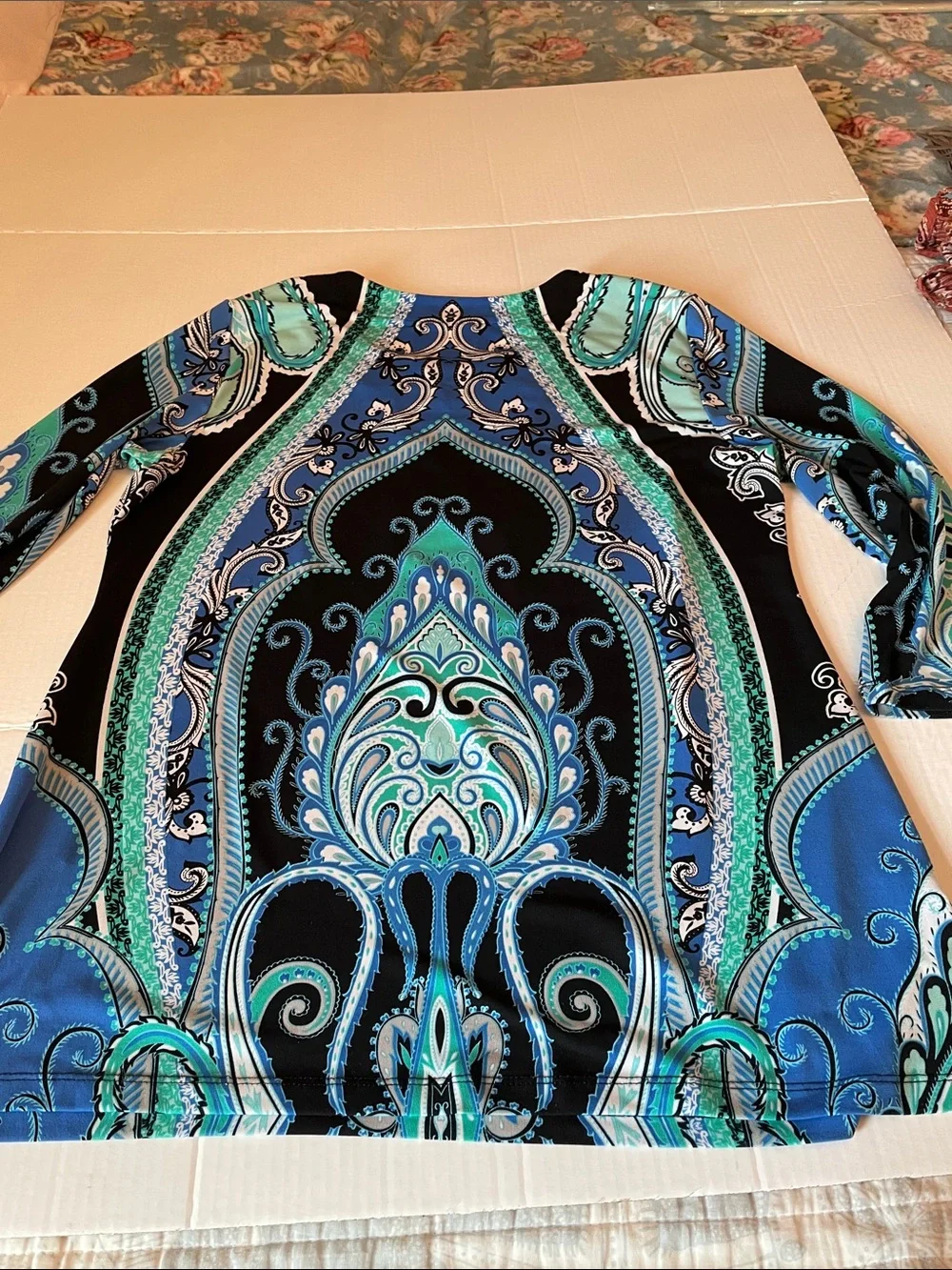 JM Collection Blue, Teal & Black Sequin V-Neck Blouse - Picture 5 of 9
